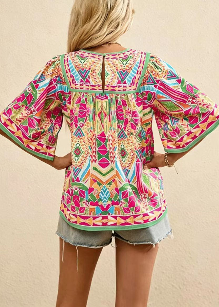French Rainbow O-Neck Wrinkled Print Cotton Shirt Summer