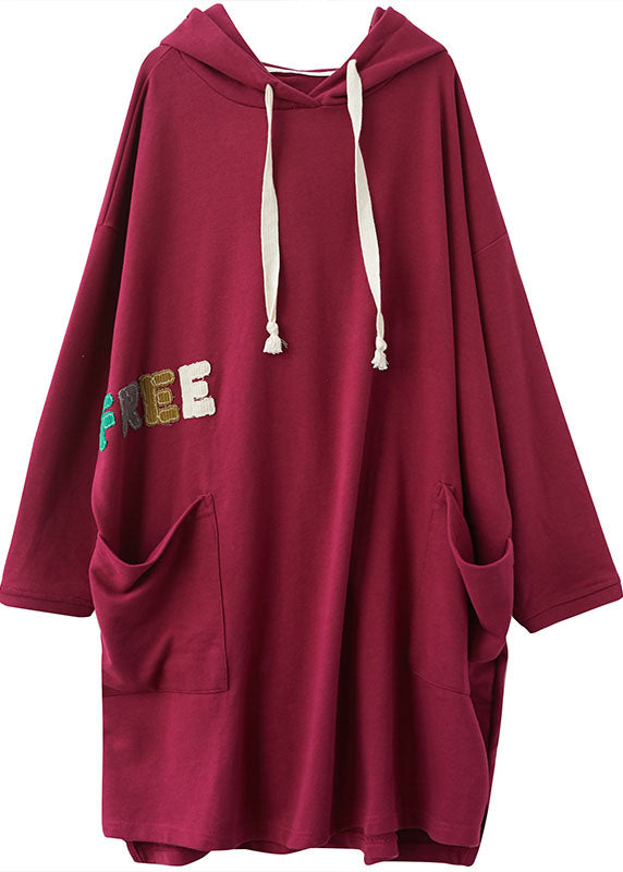 French Red Kapuzenpulloverkleid aus Baumwolle mit Grafik für den Winter