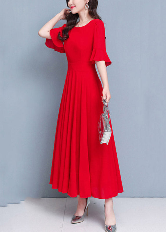 French Red O-Neck Patchwork High Waist Solid Maxi Dress Summer