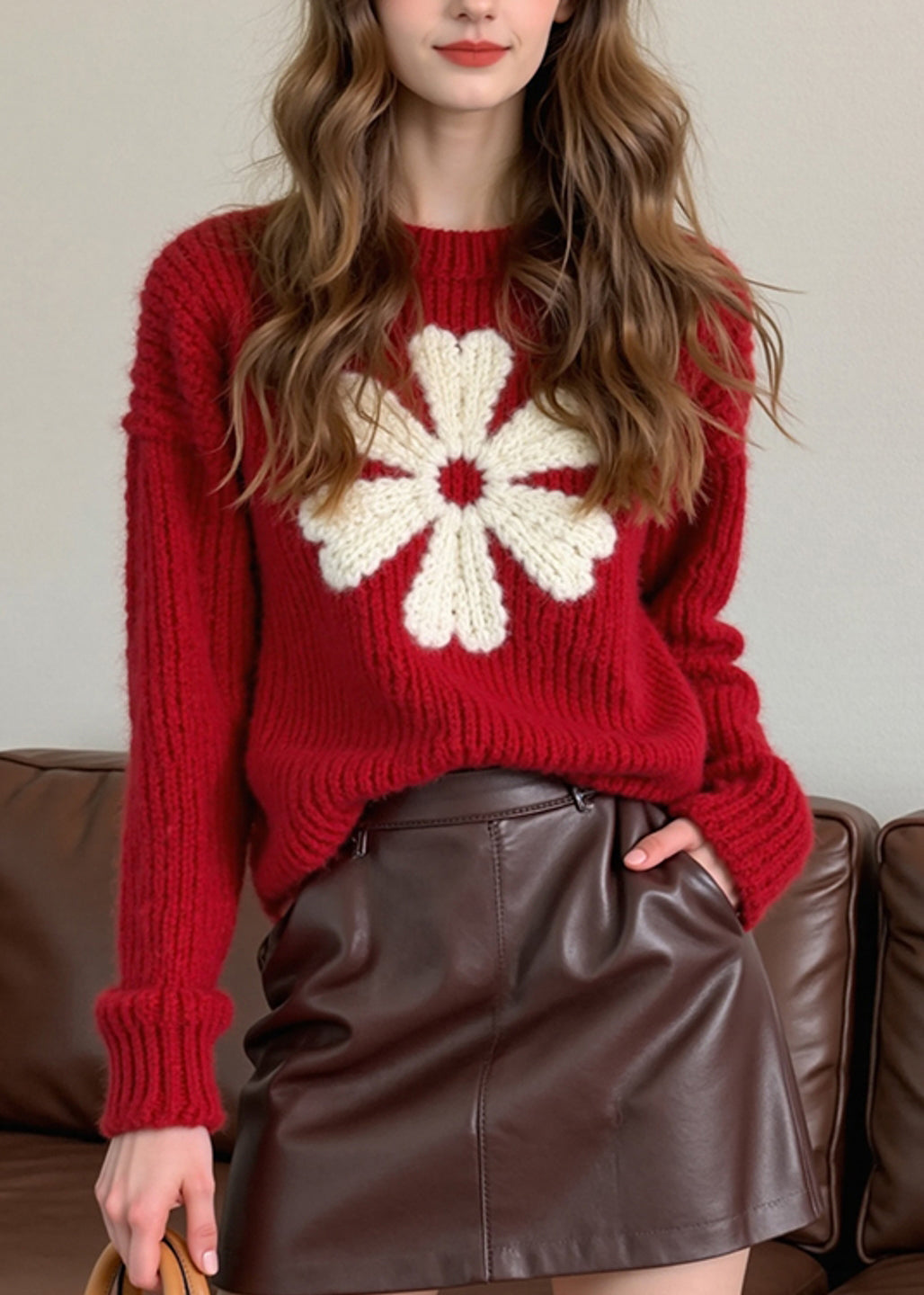 Französischer roter, dicker Strickpullover mit Blumenmuster, Rundhalsausschnitt, Winter