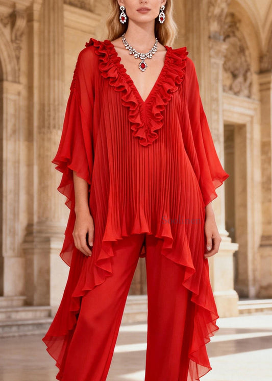French Red Ruffled Asymmetrical Design Silk Two Pieces Set Summer