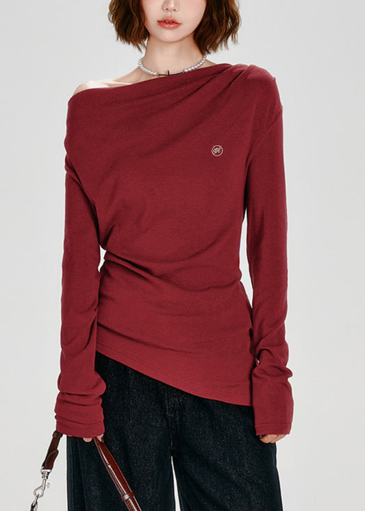 French Red Slash Neck Asymmetrical Cotton T Shirt Tops Spring