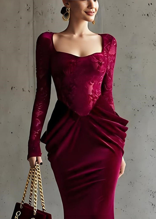 French Red Square Collar Wrinkled Patchwork Silk Velvet Dresses Spring