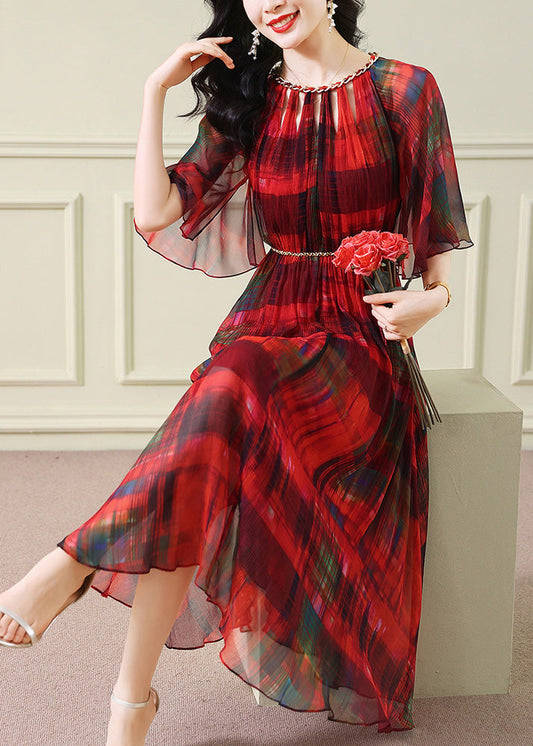 Französisches rotes Tunika-Kleid mit Print aus geknitterter Seide für den Sommer