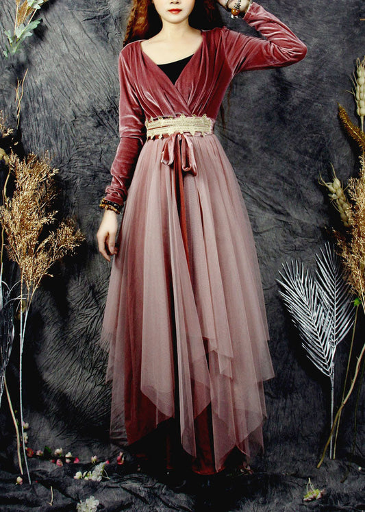 Französisch Rot V-Ausschnitt Tüll Patchwork Seide Velours Urlaub Kleider Frühling