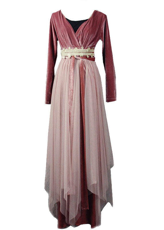 Französisch Rot V-Ausschnitt Tüll Patchwork Seide Velours Urlaub Kleider Frühling