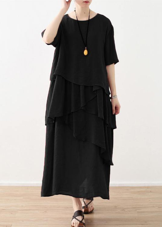 French Red asymmetrical Design Patchwork Cotton Linen Dress - SooLinen