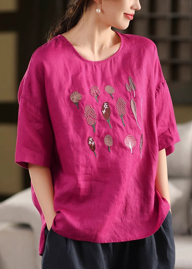 French Rose Embroidered Side Open Cotton T Shirt Half Sleeve