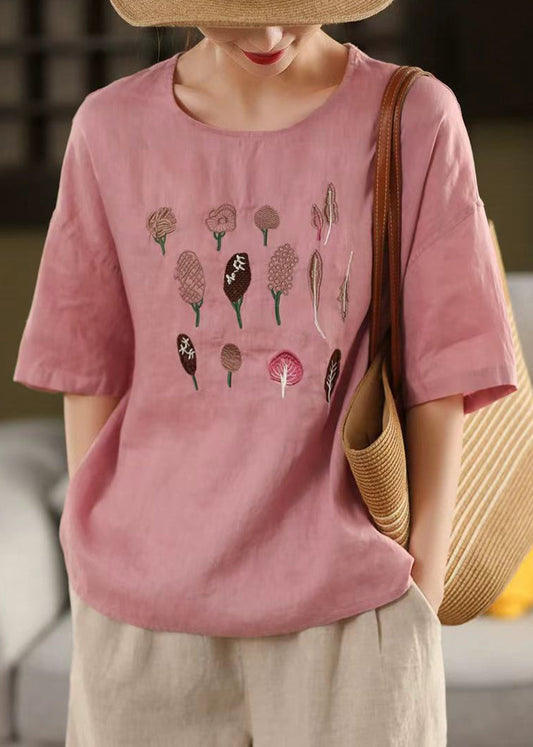 French Rose Embroidered Side Open Cotton T Shirt Half Sleeve