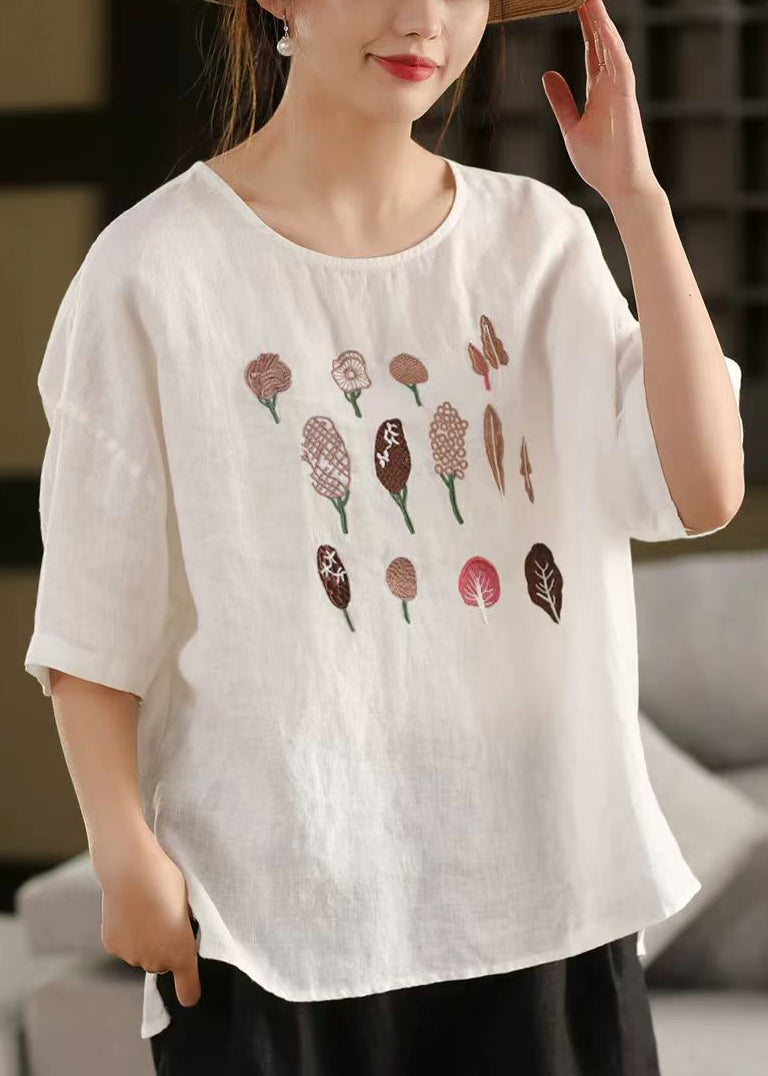 French Rose Embroidered Side Open Cotton T Shirt Half Sleeve