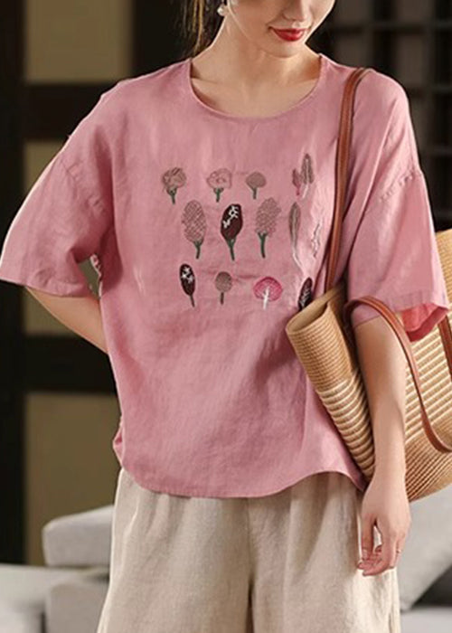 French Rose Embroidered Side Open Cotton T Shirt Half Sleeve