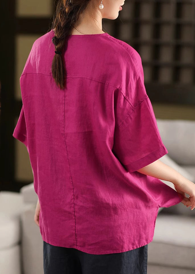 French Rose Embroidered Side Open Cotton T Shirt Half Sleeve