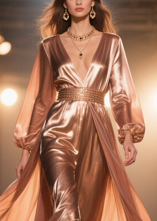 French Rose Gold High Waist Solid Silk Long Dress Spring