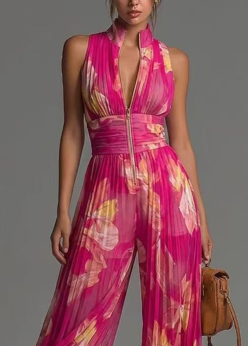 French Rose Stand Collar Wrinkled Print Chiffon Jumpsuits Sleeveless