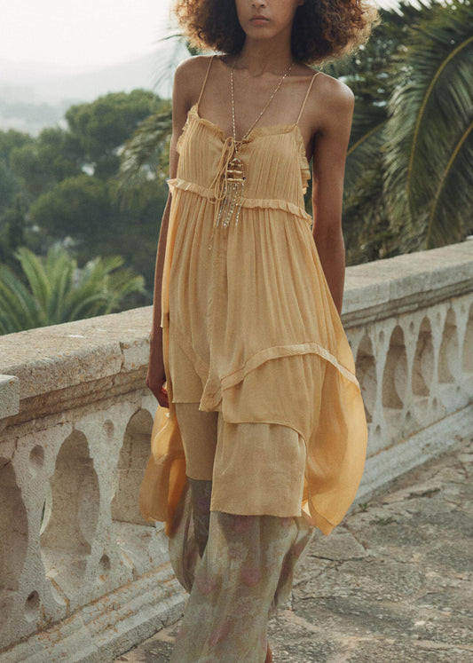 French Ruffled Asymmetrical Patchwork Cotton Spaghetti Strap Dress Summer