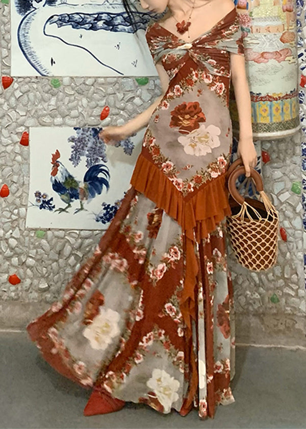 French Ruffled Print Patchwork Cotton Long Dress Summer