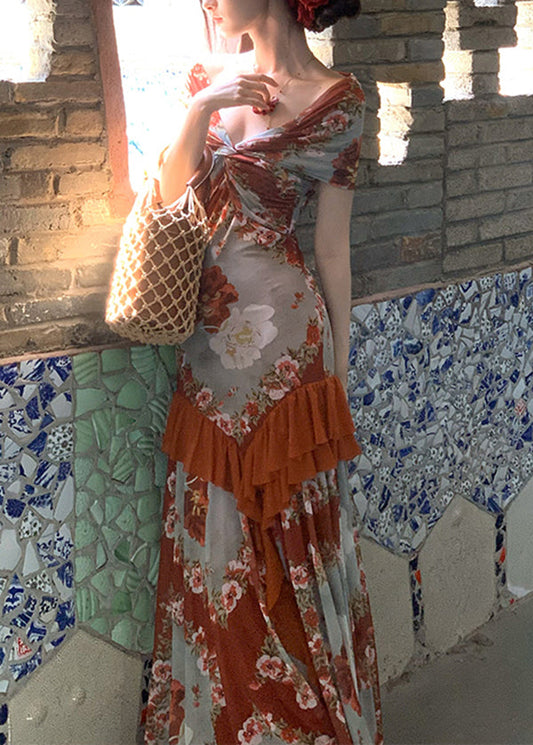 French Ruffled Print Patchwork Cotton Long Dress Summer