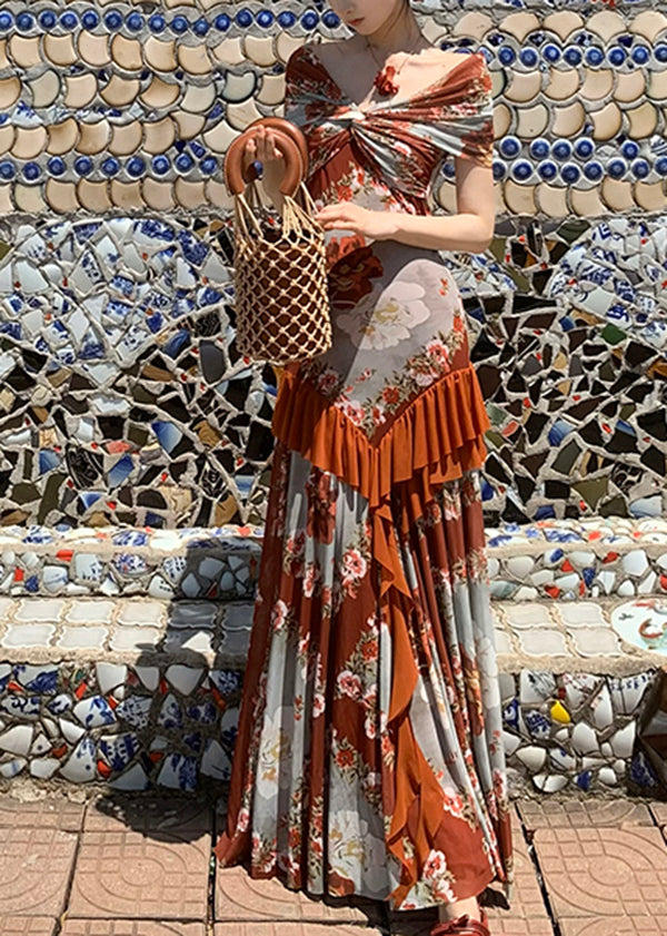 French Ruffled Print Patchwork Cotton Long Dress Summer