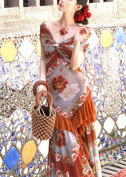 French Ruffled Print Patchwork Cotton Long Dress Summer