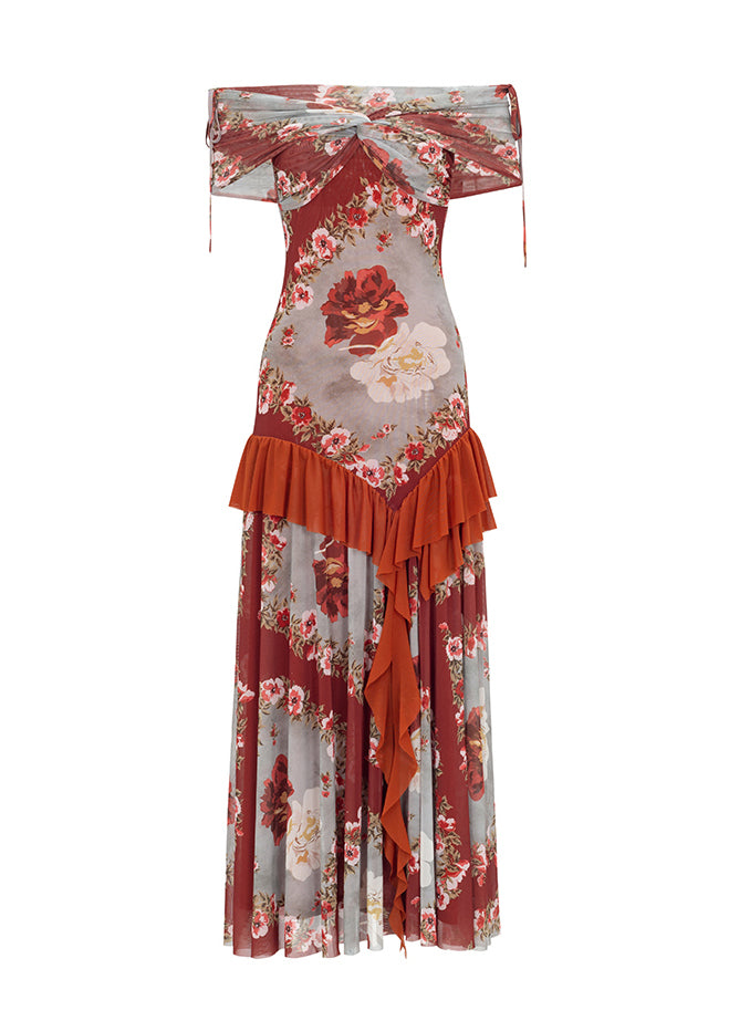 French Ruffled Print Patchwork Cotton Long Dress Summer
