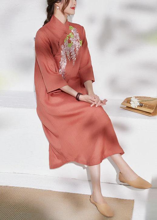 French Rust Embroideried Patchwork Button Summer Ramie Summer Dresses Half Sleeve - SooLinen