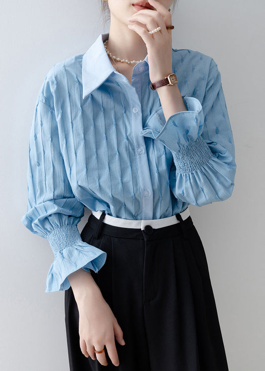 French Sky Blue Embroidered Striped Cotton Shirt Tops Flare Sleeve