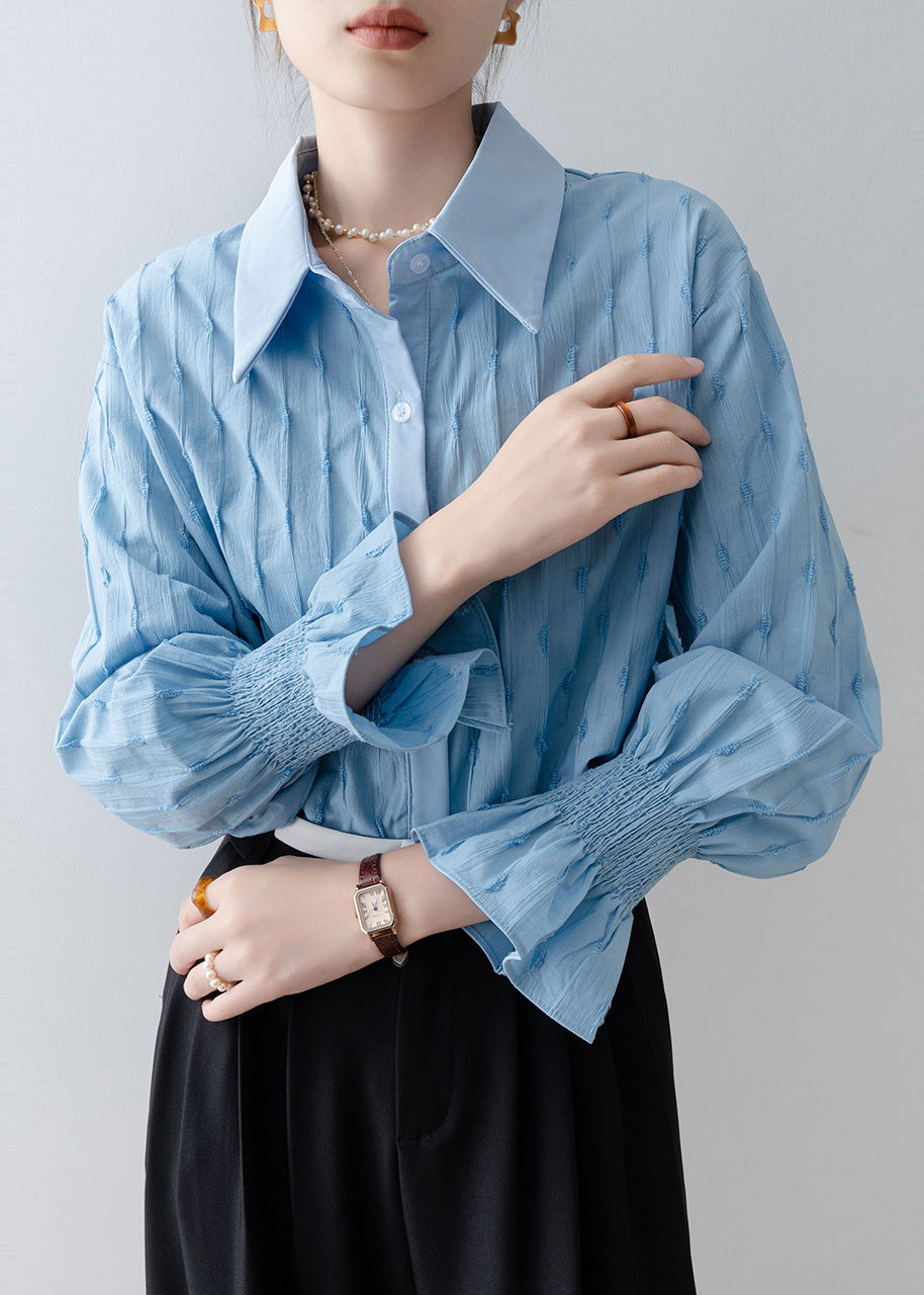 French Sky Blue Embroidered Striped Cotton Shirt Tops Flare Sleeve
