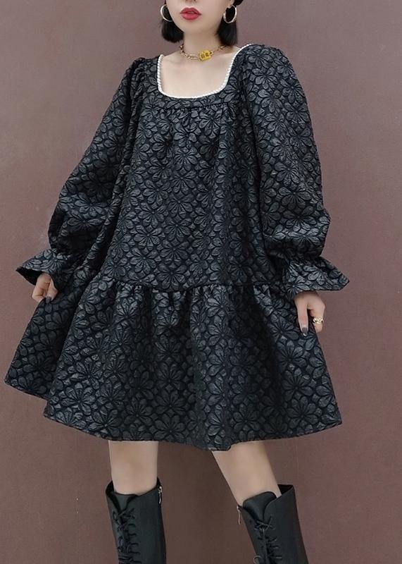 French Square Collar Patchwork Spring Tunic Sewing Black Flower Dress - SooLinen