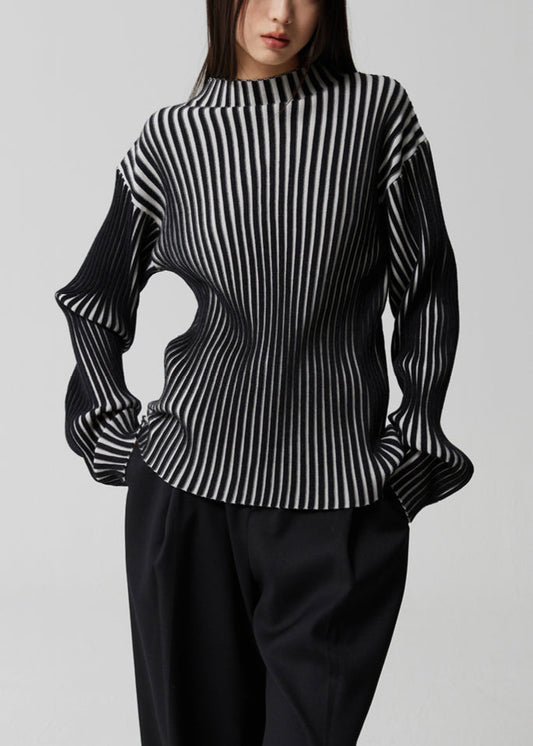 Französisches gestreiftes Patchwork-Strickoberteil mit Stehkragen und langen Ärmeln