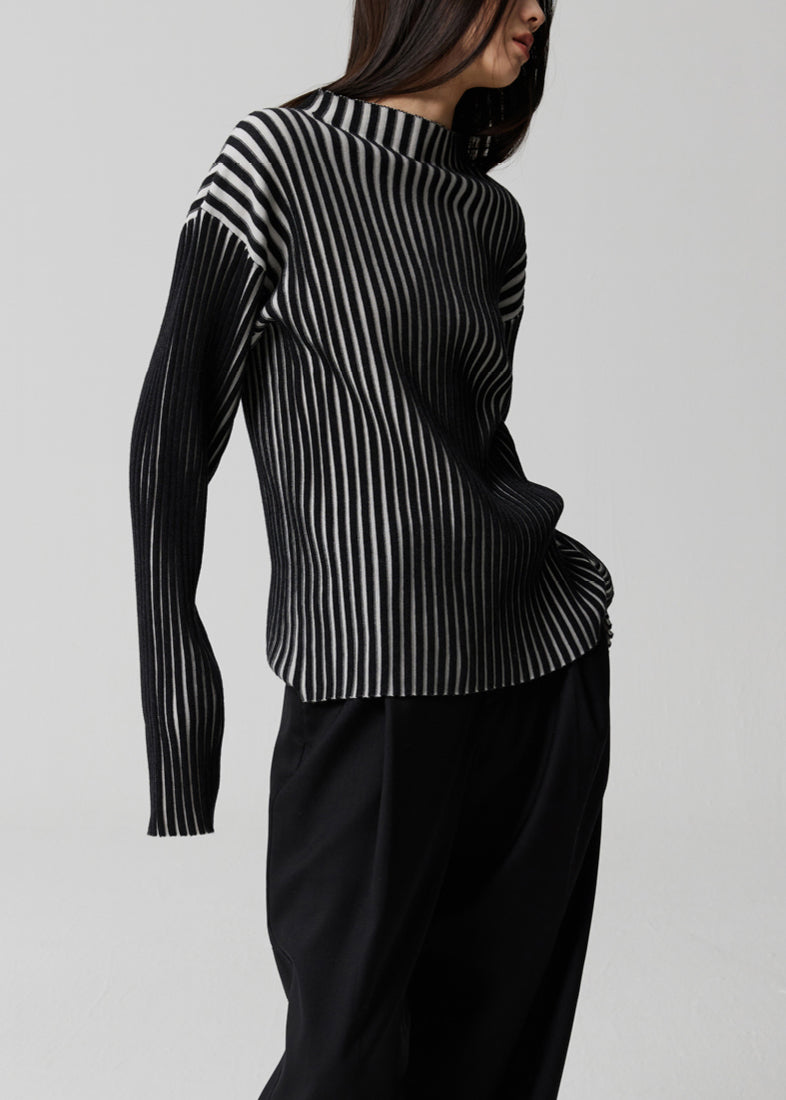 Französisches gestreiftes Patchwork-Strickoberteil mit Stehkragen und langen Ärmeln