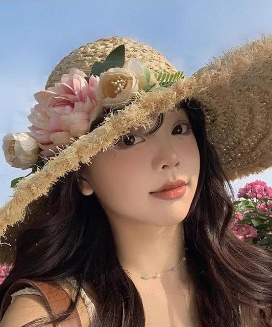 French Style Beige Flower Straw Woven Big Brim Holiday Sun Hat
