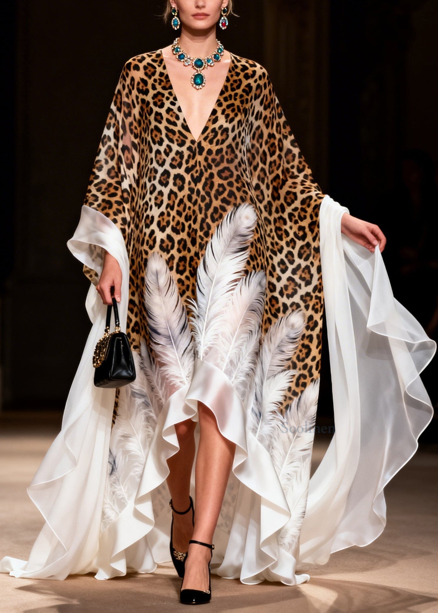 French V Neck Asymmetrical Design Print Chiffon Dress Summer
