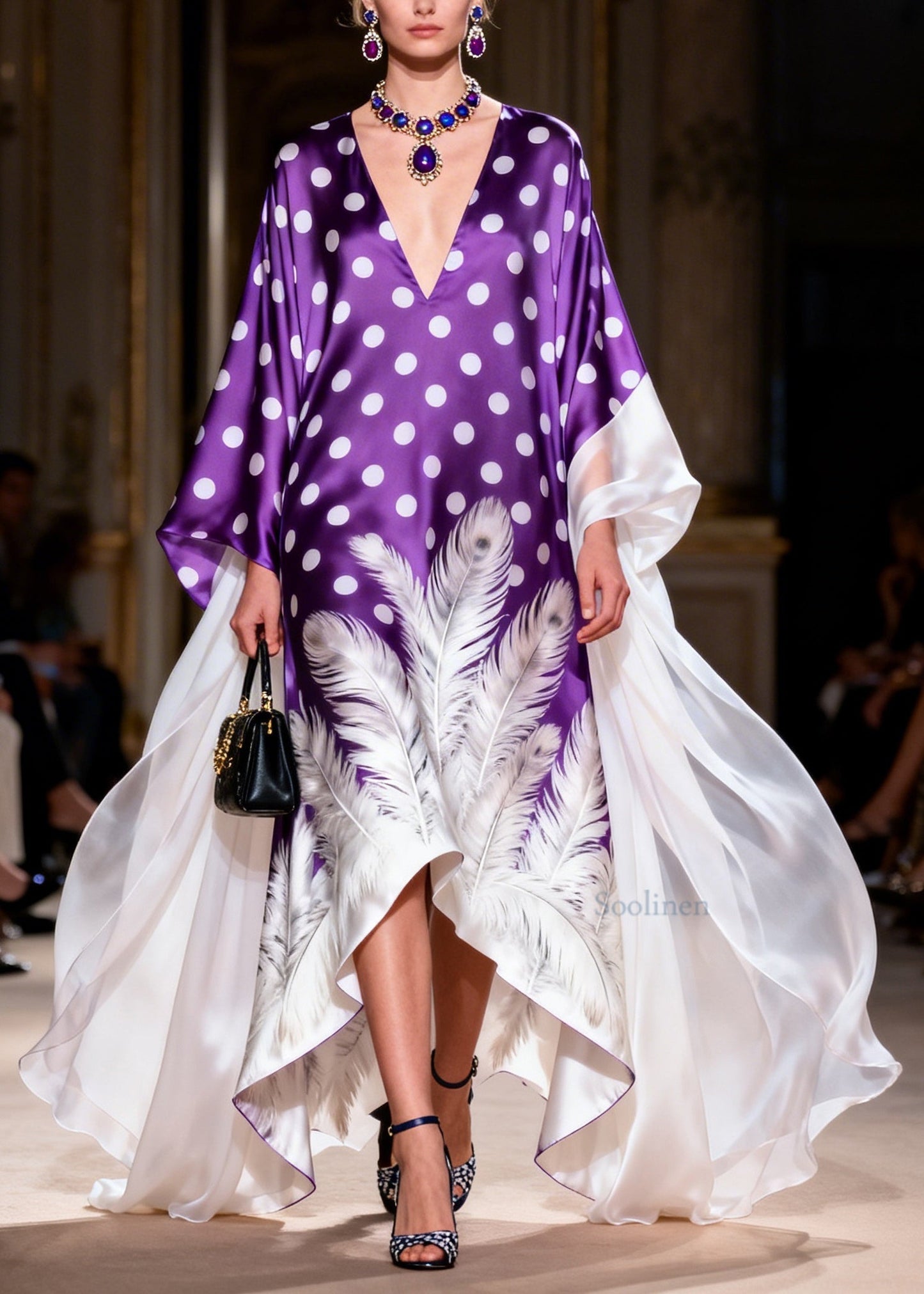 French V Neck Asymmetrical Design Print Silk Robe Dresses Summer