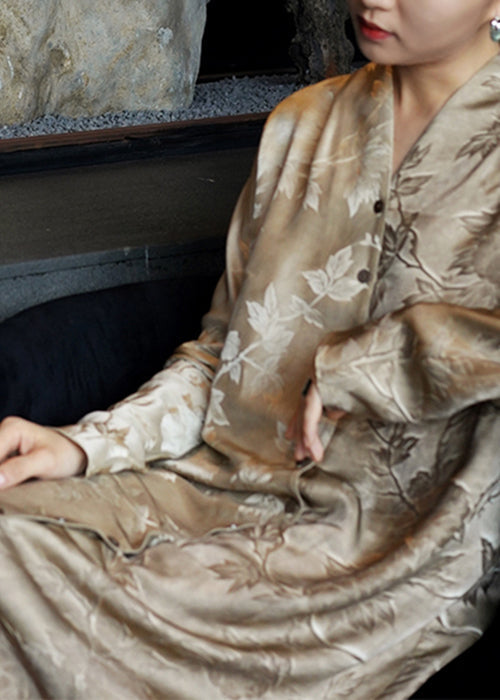 French V Neck Print Button Silk Shirts Dresses Fall