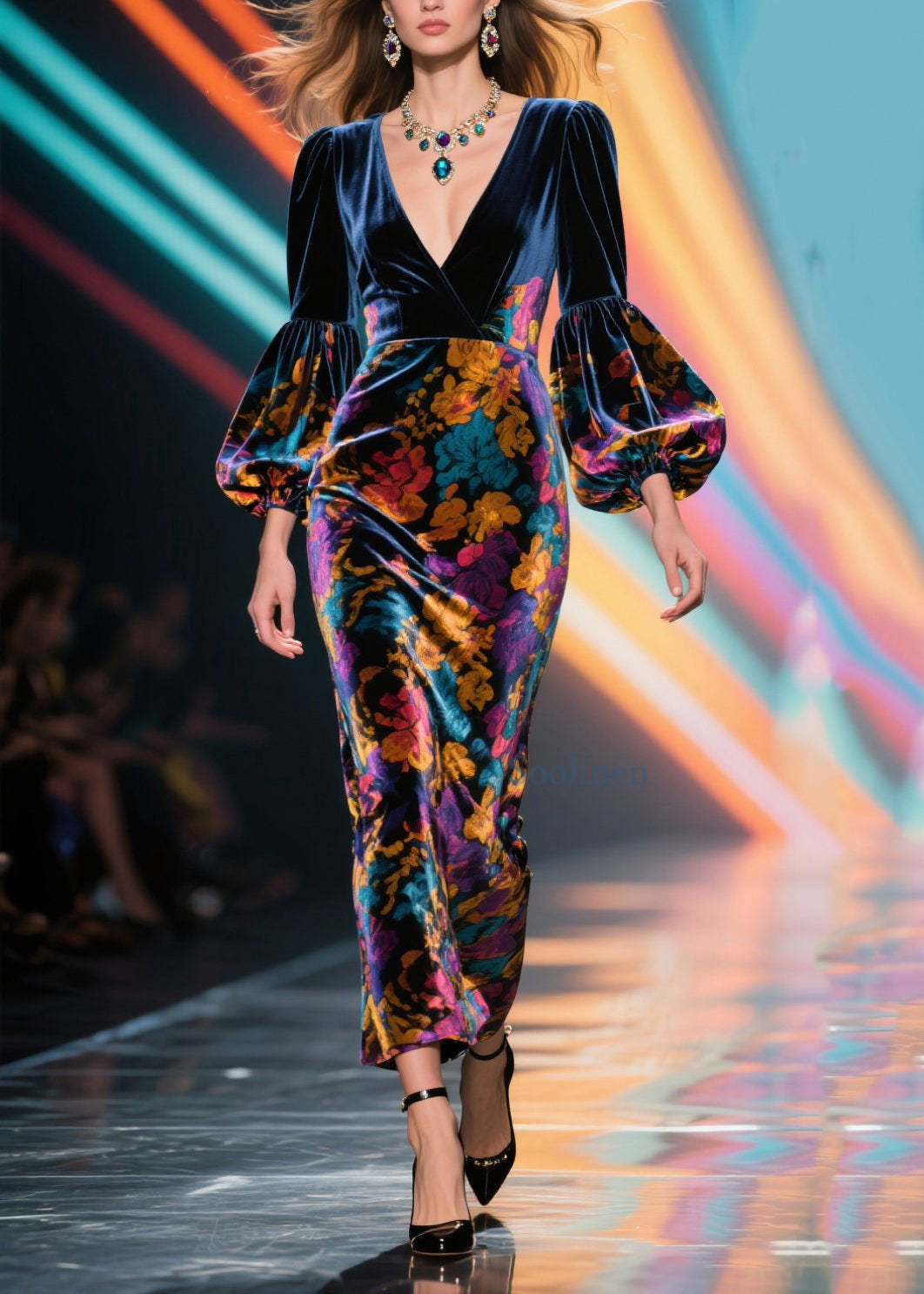 Vestido largo de terciopelo con cuello en V, estampado de patchwork y mangas farol