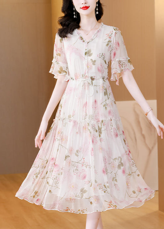 Französisches Seidenkleid mit V-Ausschnitt und Rüschendruck und Schnürung für den Sommer