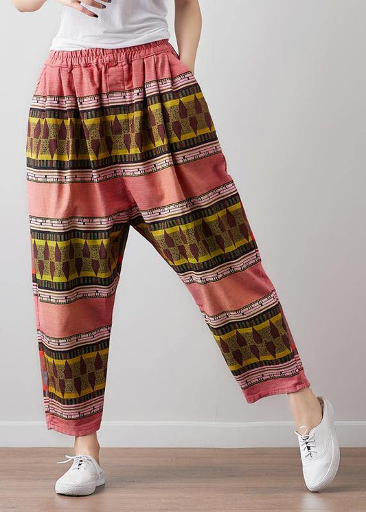 French Vintage red High Waist Pants For Women Pakistani Summer linen clothes - SooLinen