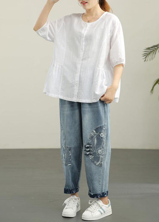French White Brief Casual Linen Summer Blouse Top - SooLinen
