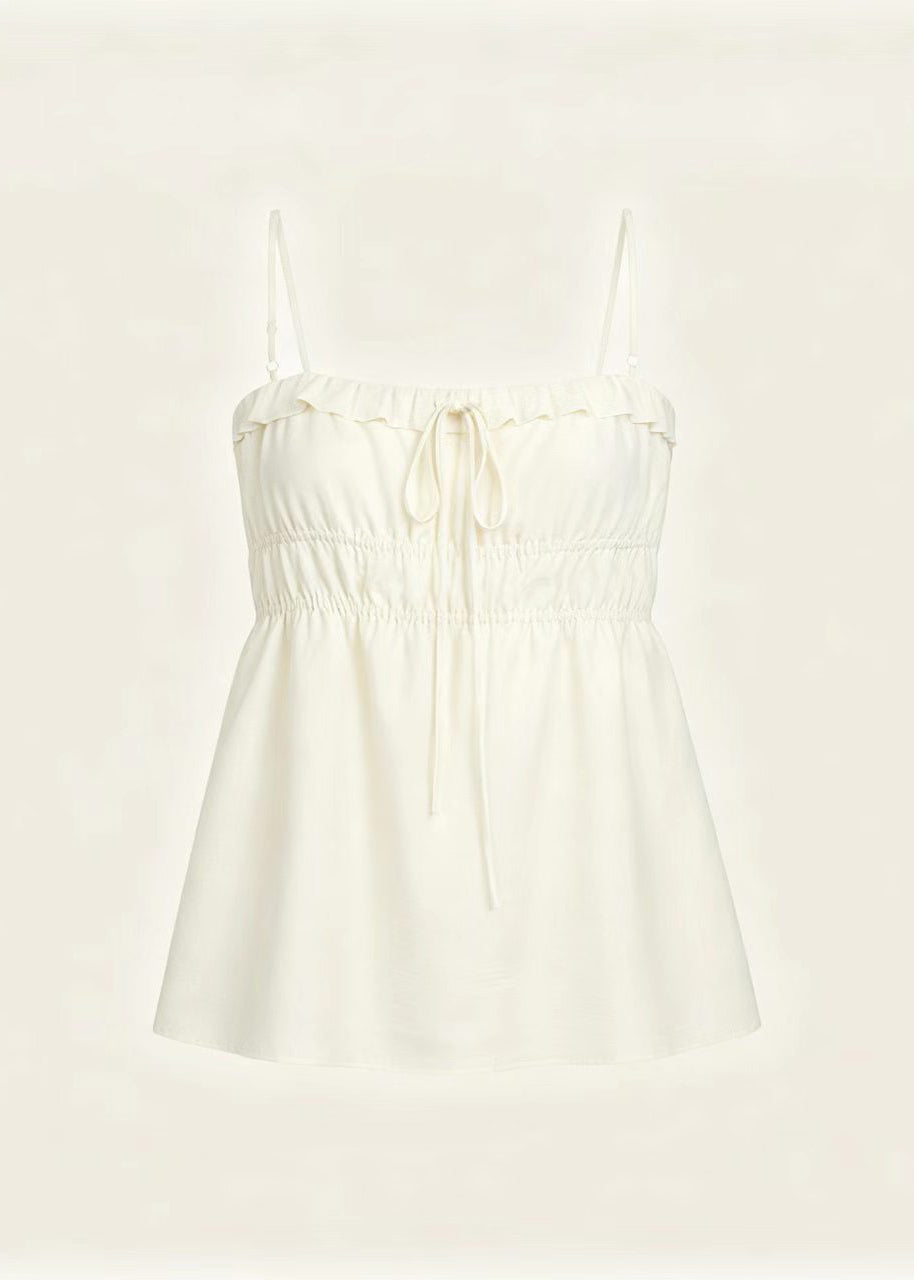 French White Drawstring Cotton Tank Tops Summer