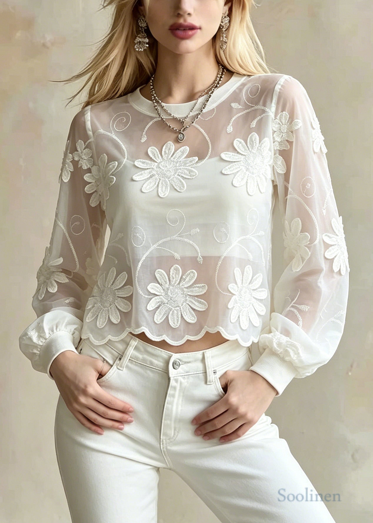 French White Embroidered Floral Cotton Blouse Top Summer