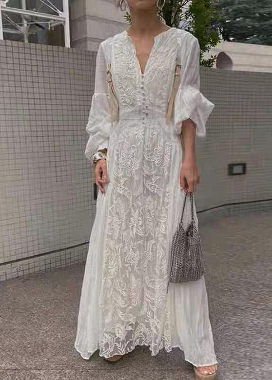 French White Embroidered High Waist Long Dress Lantern Sleeve