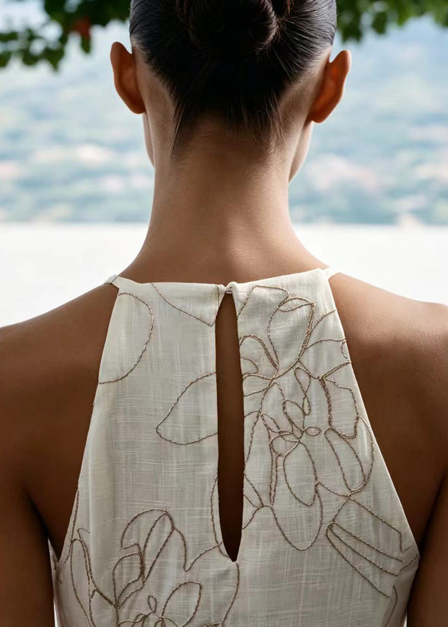 French White Halter Embroidered Cotton Vacation Dresses Summer