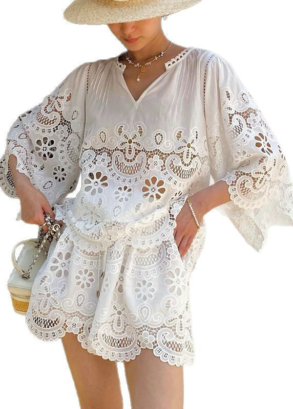 French White Hollow Out Embroidery Lace Set For Summer