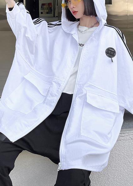 French White Letter Pockets Spring Hoodies Cotton Outwear - SooLinen