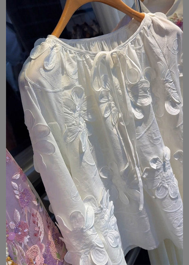 French White O-Neck Floral Tie Lace Top Lantern Sleeve