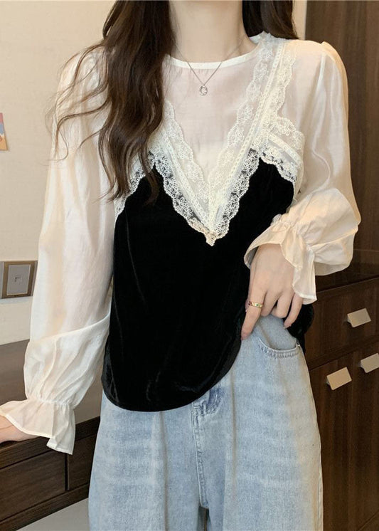 Französisch Weiß O-Ausschnitt Spitze Patchwork Seide Velour Bluse Tops Frühling