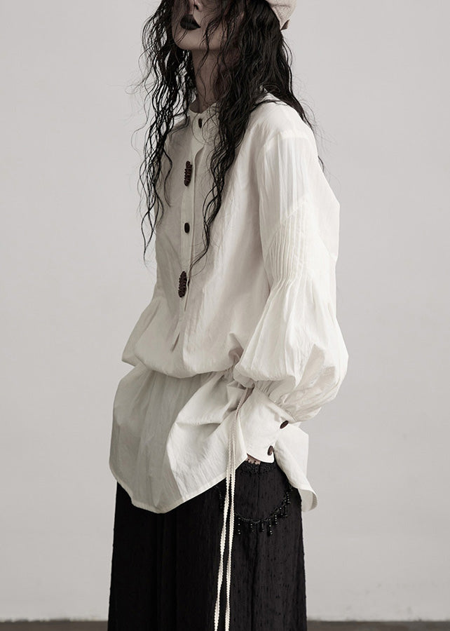 Französische weiße Patchwork-Baumwolltops mit Rundhalsausschnitt, Puffärmeln und Patchwork-Design für den Frühling