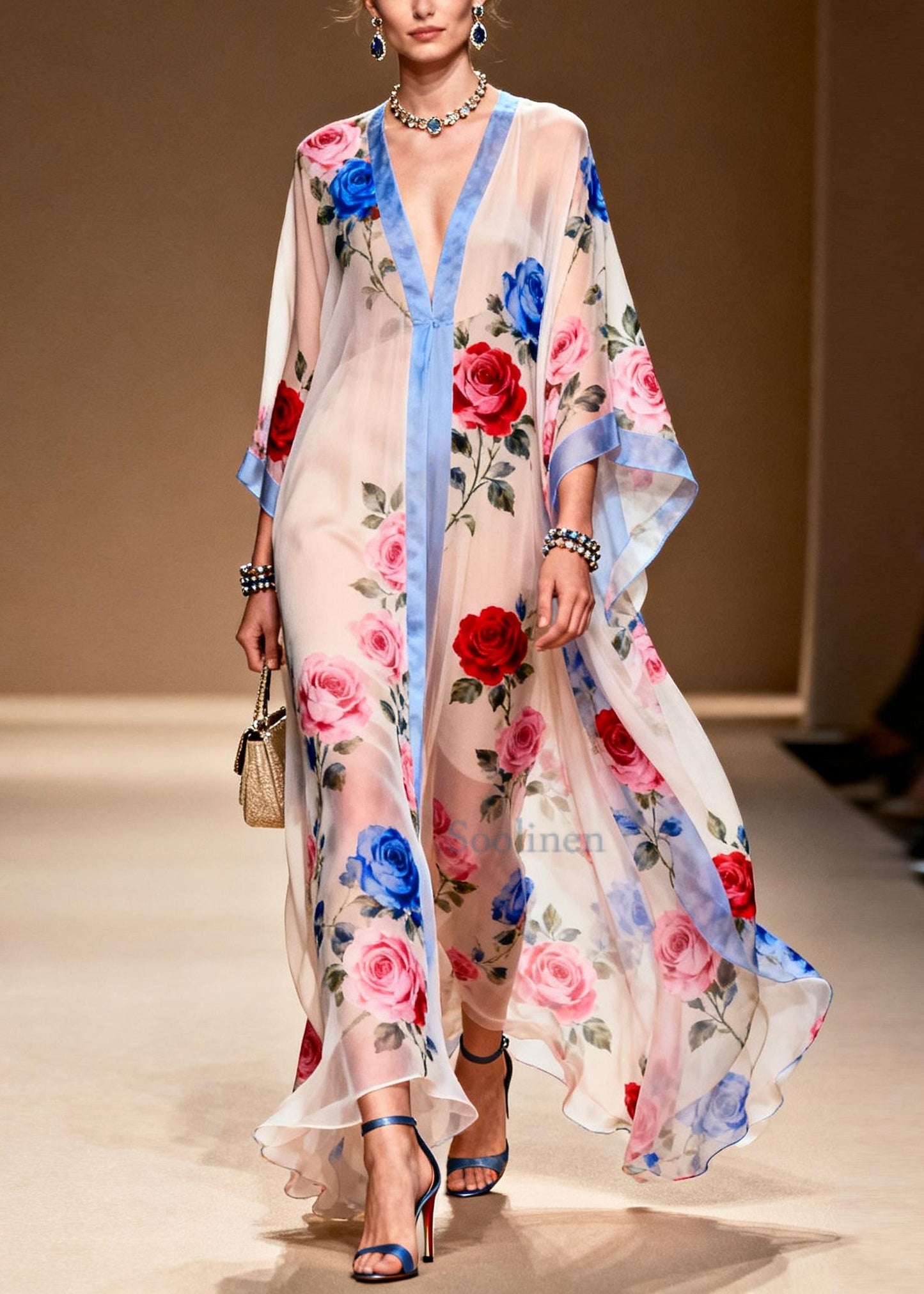 French White Oversized Print Chiffon Beach Dress Summer