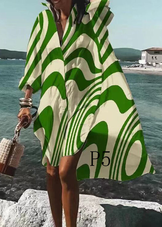 French White Oversized Print Cotton Shirt Dress Long Sleeve