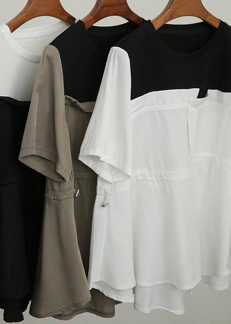 French White Patchwork O-Neck Blouses Summer - SooLinen